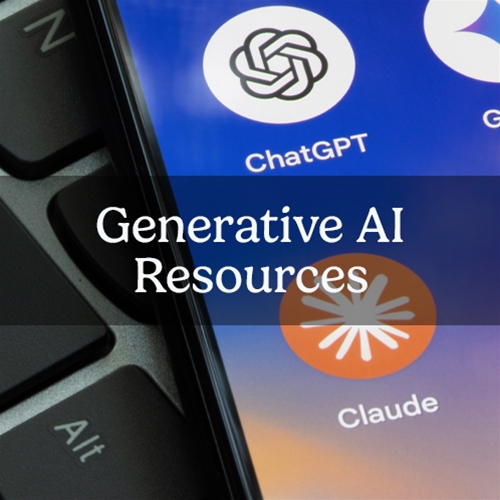 Close-up of a smartphone screen displaying app icons for ChatGPT and Claude, next to the edge of a keyboard. The text overlay reads 'Generative AI Resources' in white letters against a dark transparent background.